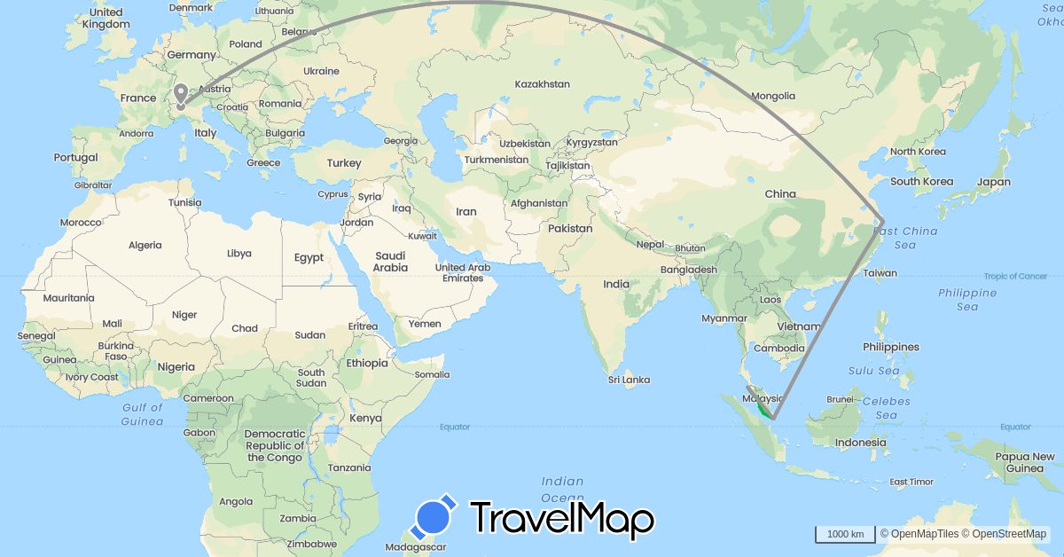 TravelMap itinerary: driving, bus, plane in China, Italy, Malaysia, Singapore (Asia, Europe)